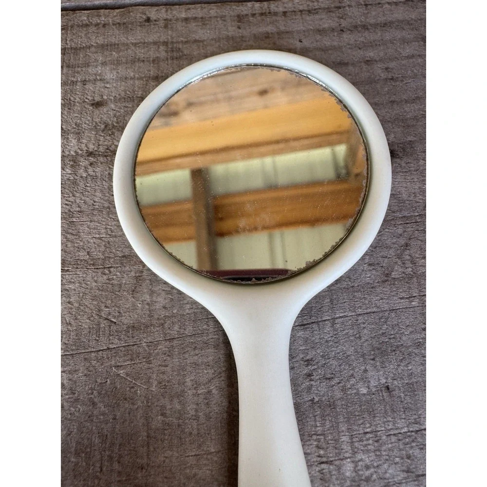 ANTIQUE CERAMIC HAND MIRROR ROSE STEM‎ LEAVES CHILD VANITY DOLL VINTAGE OLD